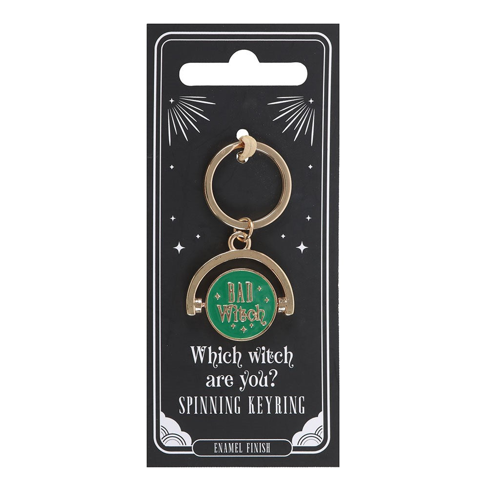 Spinning keyring on packaging with text 'Which witch are you?'