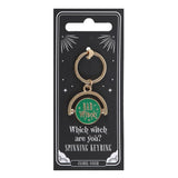 Spinning keyring on packaging with text 'Which witch are you?'