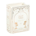 Decorative box with 'Good Vibes' text and palm tree designs on a white background
