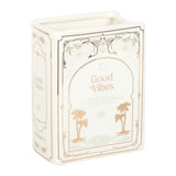 Decorative box with 'Good Vibes' text and palm tree designs on a white background