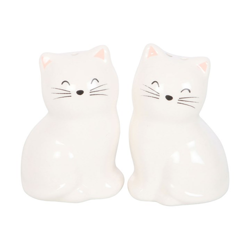 Two white cat-shaped salt and pepper shakers on a white background