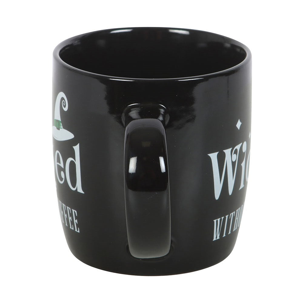 Black mug with white text on a white background
