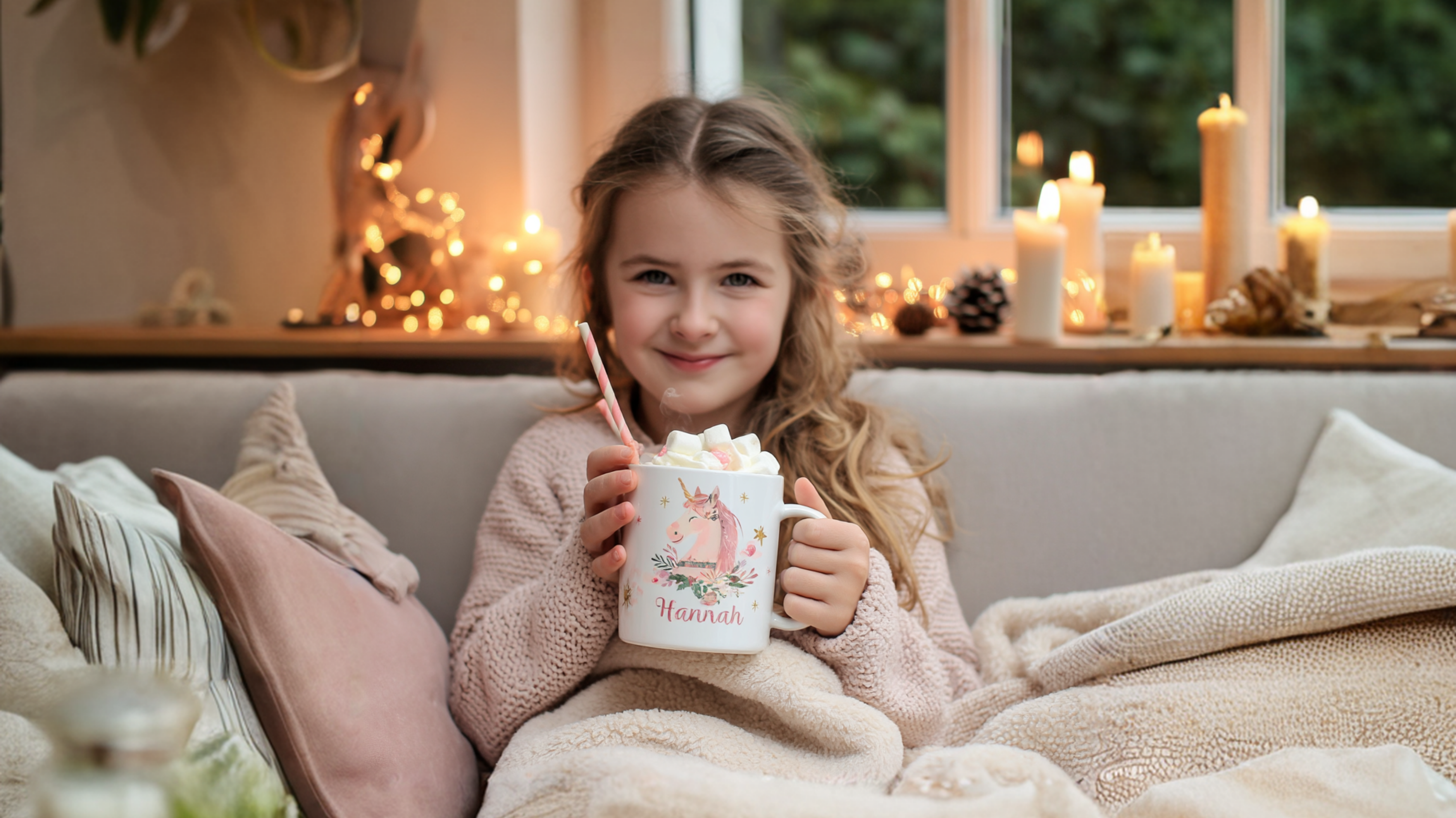 Young girl holding a Personalised Unicorn Christmas mug with hot chocolate and marshmallows, surrounded by cosy decor.