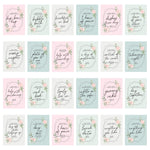 A personalised voucher card with floral design and the text 'This token entitles you to breakfast in bed' along with the name 'Amelia'. The card is displayed on a wooden surface with a round brown plate behind it. 07