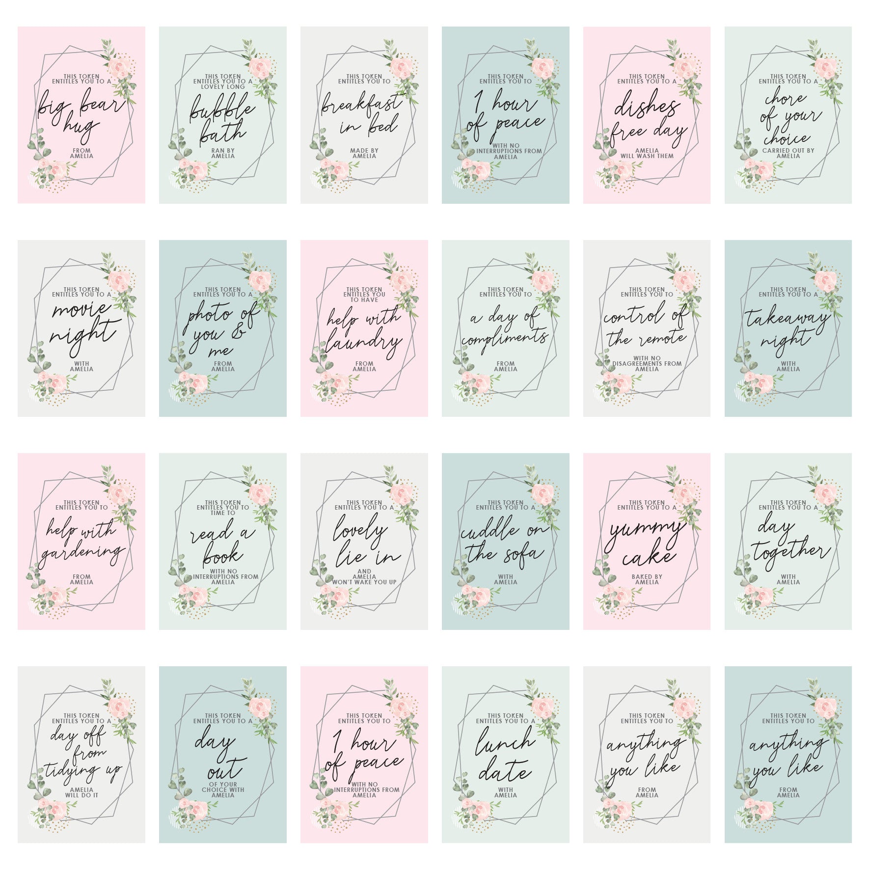 A personalised voucher card with floral design and the text 'This token entitles you to breakfast in bed' along with the name 'Amelia'. The card is displayed on a wooden surface with a round brown plate behind it. 07